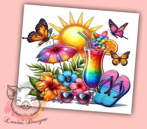 Watercolor Hibiscus Summer 20oz Tumbler Png, Straight & Tapered Tumbler Png, Flip Flop Summer Tumbler Png, Digital Download PNG Sublimation Lara' s Designs 