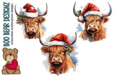 Watercolor Highland Cow Christmas clipart Sublimation Boo Bear Designz 