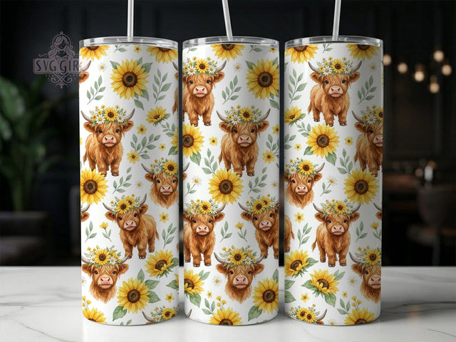 Watercolor Highland Sunflower 20oz Tumbler, Watercolor Highland, Highland Sunflower, Sunflower Tumbler, 20oz Tumbler, Watercolor Cow, Highland Cow Tumbler, Tumbler Wrap Sublimation SvggirlplusArt 