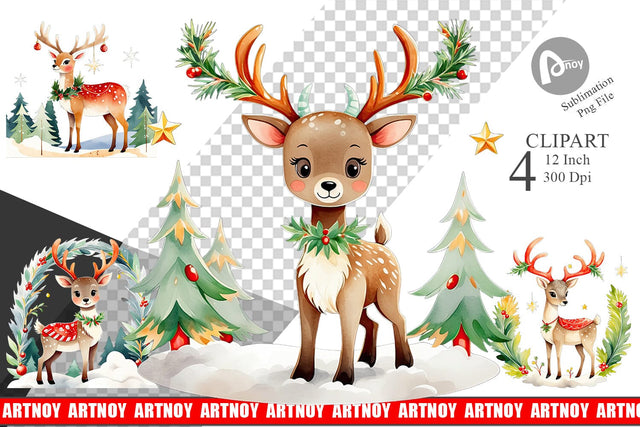 Watercolor Holiday Deer Clipart Sublimation artnoy 