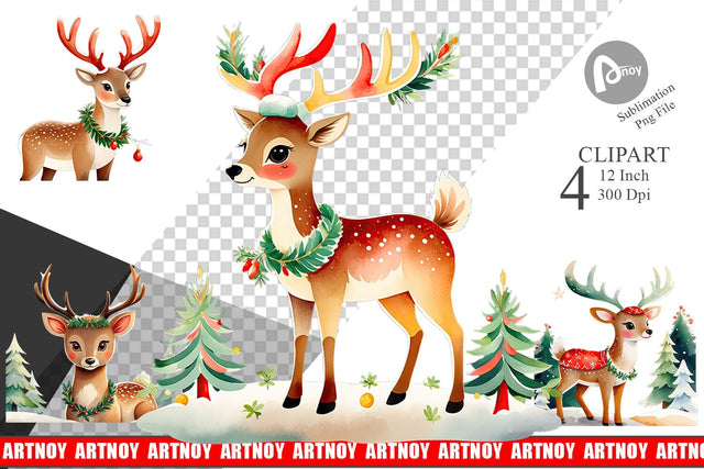 Watercolor Holiday Deer Clipart Sublimation artnoy 