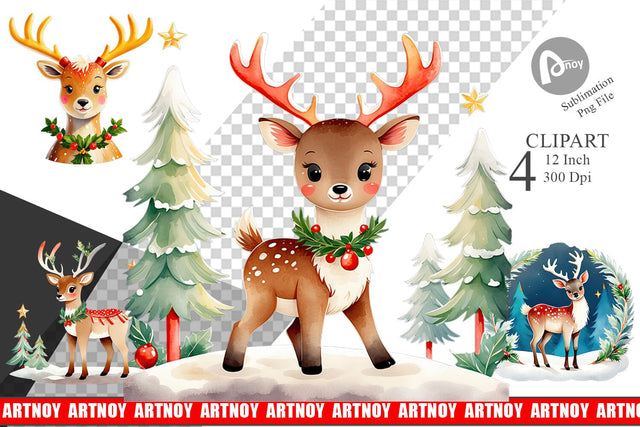 Watercolor Holiday Deer Clipart Sublimation artnoy 