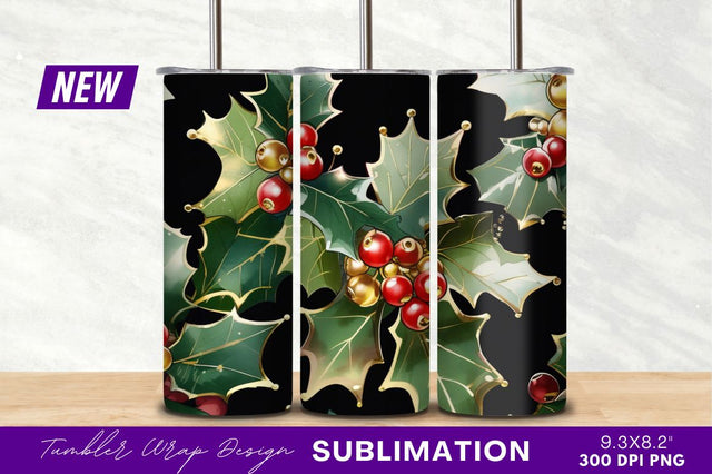 Watercolor Holly Berries And Leaves Tumbler Png Sublimation Regulrcrative 