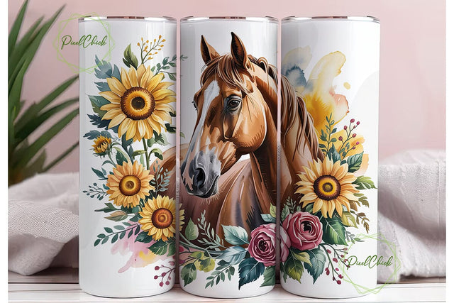 Watercolor Horse Sunflower 20oz Tumbler Sublimation PixelChick 