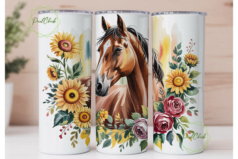 Watercolor Horse Sunflower 20oz Tumbler Sublimation PixelChick 