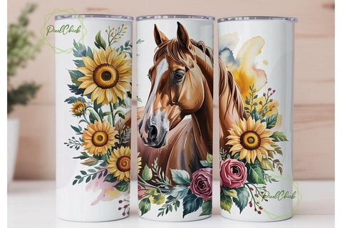 Watercolor Horse Sunflower 20oz Tumbler Sublimation PixelChick 