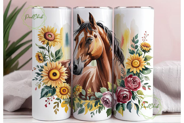 Watercolor Horse Sunflower 20oz Tumbler Sublimation PixelChick 