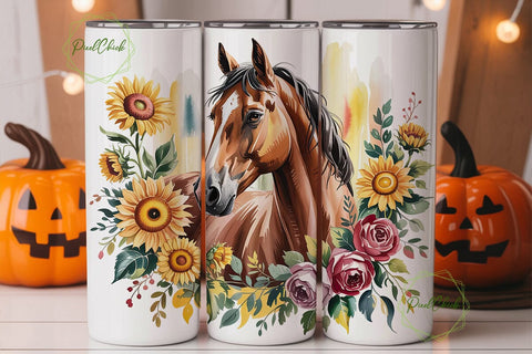 Watercolor Horse Sunflower 20oz Tumbler Sublimation PixelChick 