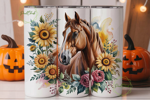 Watercolor Horse Sunflower 20oz Tumbler Sublimation PixelChick 
