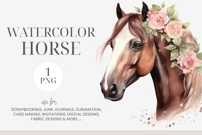 Watercolor Horse with Pink Flowers Sublimation BijouBay 