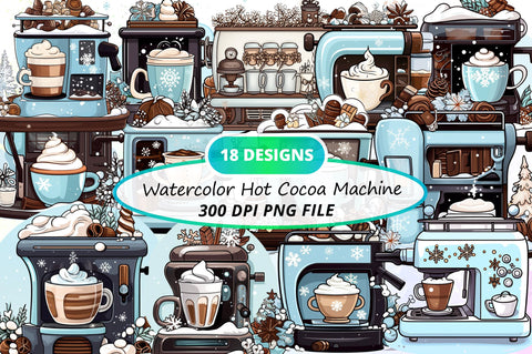 Watercolor Hot Cocoa Machine Clipart Bundle Sublimation Regulrcrative 