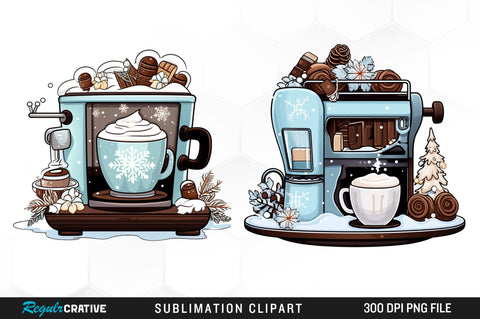Watercolor Hot Cocoa Machine Clipart Bundle Sublimation Regulrcrative 