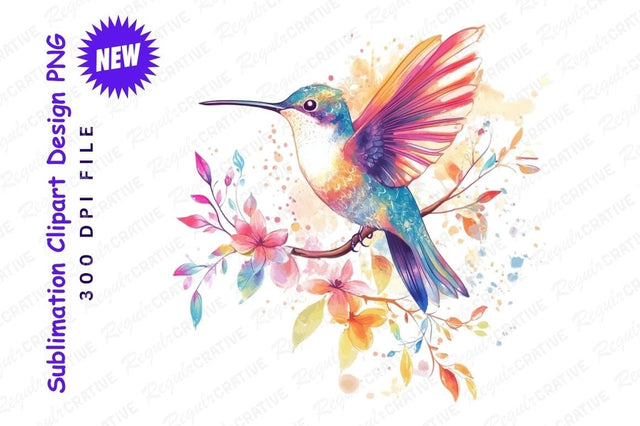 Watercolor Hummingbird Perched On Blooming Branch Clipart Png Sublimation Regulrcrative 