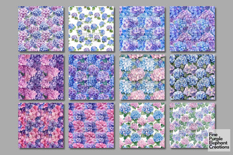 Watercolor Hydrangea Flowers Digital Paper Digital Pattern Fine Purple Elephant Creations 