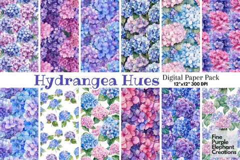 Watercolor Hydrangea Flowers Digital Paper Digital Pattern Fine Purple Elephant Creations 