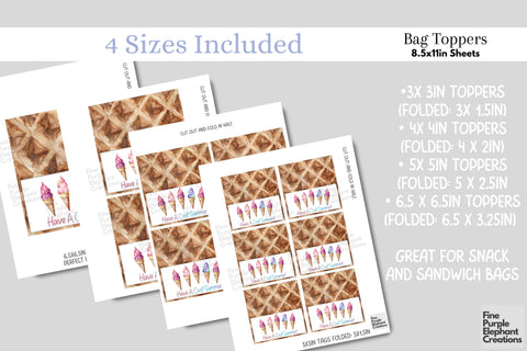 Watercolor Ice Cream Cone Printable Treat Bag Topper Card Digital Pattern Fine Purple Elephant Creations 