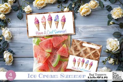 Watercolor Ice Cream Cone Printable Treat Bag Topper Card Digital Pattern Fine Purple Elephant Creations 