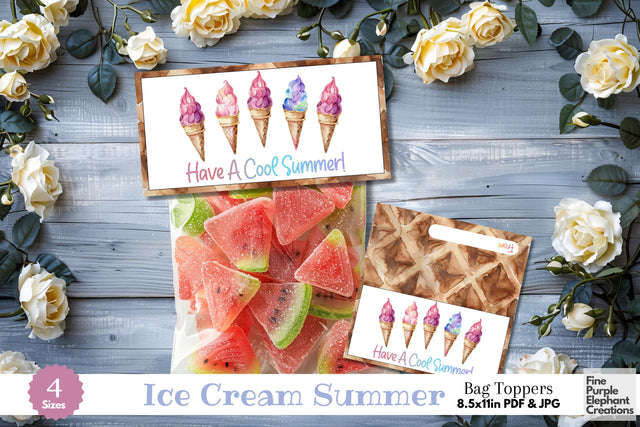 Watercolor Ice Cream Cone Printable Treat Bag Topper Card Digital Pattern Fine Purple Elephant Creations 