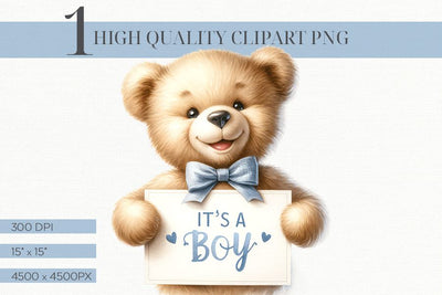 Watercolor It's A Boy Teddy Baby Shower Hi Res Clipart PNG Sublimation BijouBay 