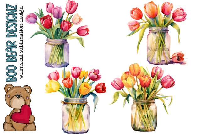 Watercolor Jars of Tulips Clipart Sublimation Boo Bear Designz 