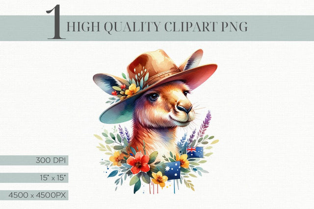 Watercolor Kangaroo Clipart with Australian Hat and Florals Sublimation BijouBay 
