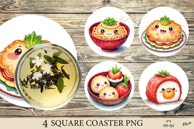 Watercolor Kawaii Food Coaster PNG. Round Coaster Sublimation Olga Terlyanskaya 