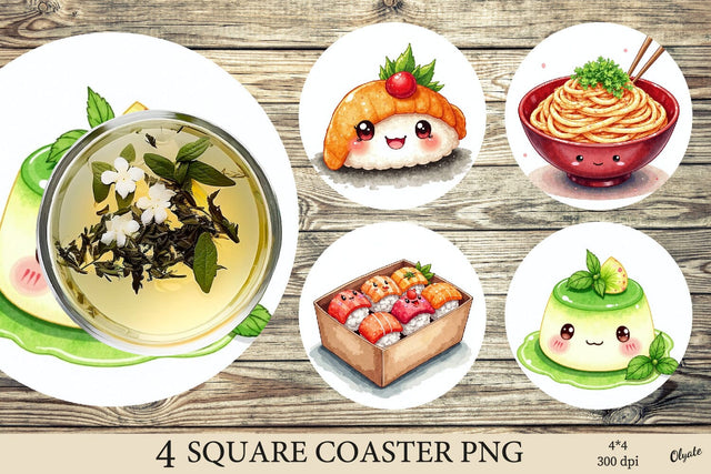 Watercolor Kawaii Food Coaster. Round Coaster Sublimation Sublimation Olga Terlyanskaya 