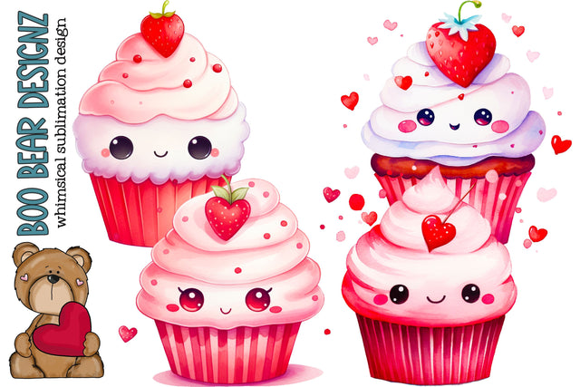 Watercolor Kawaii Valentines Day Cupcake Clipart Sublimation Boo Bear Designz 