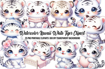 Watercolor Kawaii White Tiger Clipart Sublimation Rupkotha 