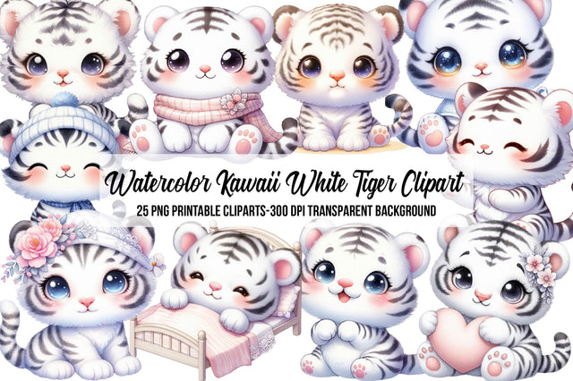 Watercolor Kawaii White Tiger Clipart Sublimation Rupkotha 