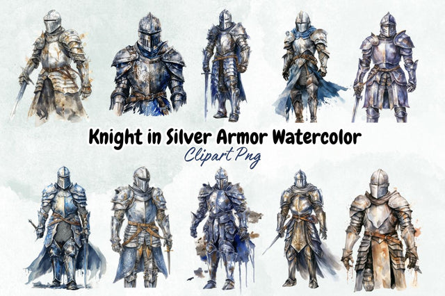 Watercolor Knight in Silver Armor Clipart Bundle Sublimation Designangry 