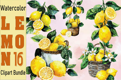 Watercolor Lemon Clipart Bundle. Sublimation SVGArt 