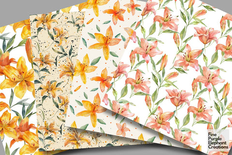Watercolor Lily Flowers Digital Paper Digital Pattern Fine Purple Elephant Creations 