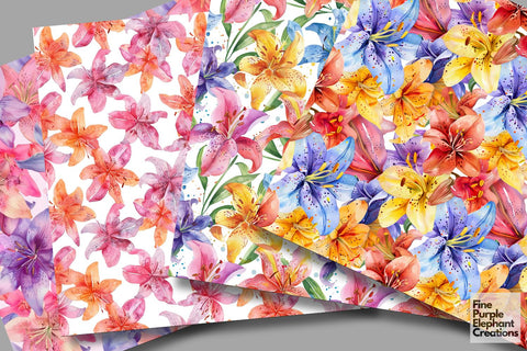Watercolor Lily Flowers Digital Paper Digital Pattern Fine Purple Elephant Creations 
