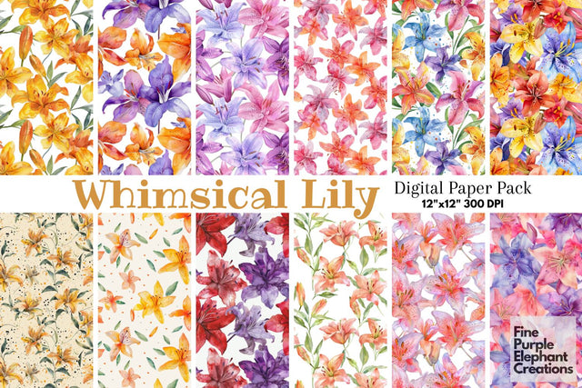 Watercolor Lily Flowers Digital Paper Digital Pattern Fine Purple Elephant Creations 