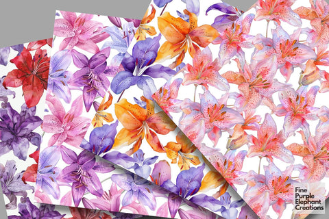 Watercolor Lily Flowers Digital Paper Digital Pattern Fine Purple Elephant Creations 