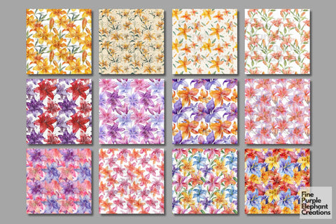 Watercolor Lily Flowers Digital Paper Digital Pattern Fine Purple Elephant Creations 