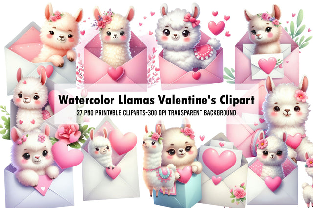 Watercolor Llamas Valentine's Clipart Sublimation Rupkotha 