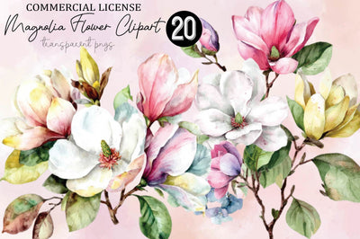 Watercolor Magnolia Flower Clipart Bundle. Sublimation SVGArt 