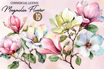 Watercolor Magnolia Flower Clipart Bundle. Sublimation SVGArt 