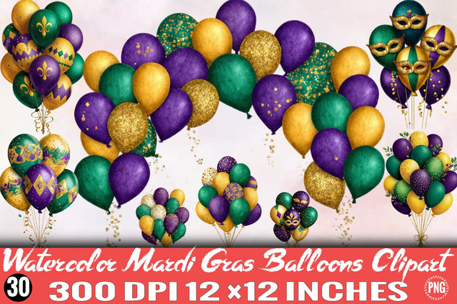 Watercolor Mardi Gras Balloons Clipart Bundle. Sublimation SVGArt 