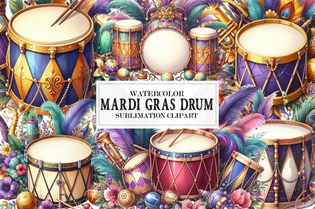 Watercolor Mardi Gras Drum Clipart Sublimation SVGista 