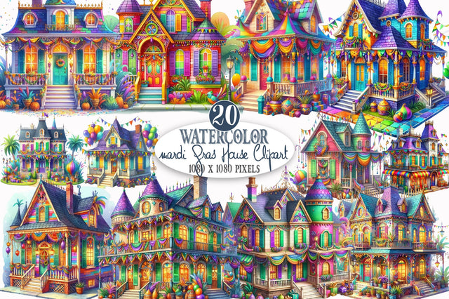 Watercolor Mardi Gras House Clipart Sublimation SVGista 