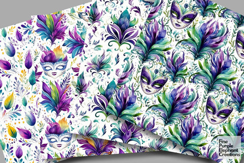 Watercolor Mardi Gras Mask Digital Paper | Masquerade Fleur de Lis Digital Pattern Fine Purple Elephant Creations 