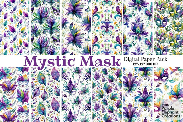 Watercolor Mardi Gras Mask Digital Paper | Masquerade Fleur de Lis Digital Pattern Fine Purple Elephant Creations 