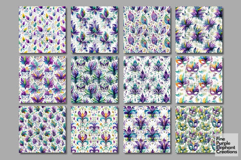 Watercolor Mardi Gras Mask Digital Paper | Masquerade Fleur de Lis Digital Pattern Fine Purple Elephant Creations 