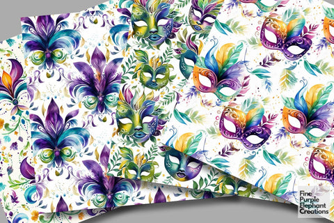 Watercolor Mardi Gras Mask Digital Paper | Masquerade Fleur de Lis Digital Pattern Fine Purple Elephant Creations 