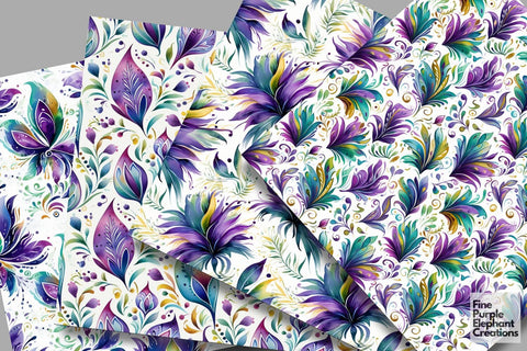 Watercolor Mardi Gras Mask Digital Paper | Masquerade Fleur de Lis Digital Pattern Fine Purple Elephant Creations 