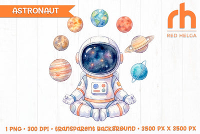 Watercolor Meditating Astronaut PNG, Cute Space Nursery Clipart Sublimation RedHelgaArt 