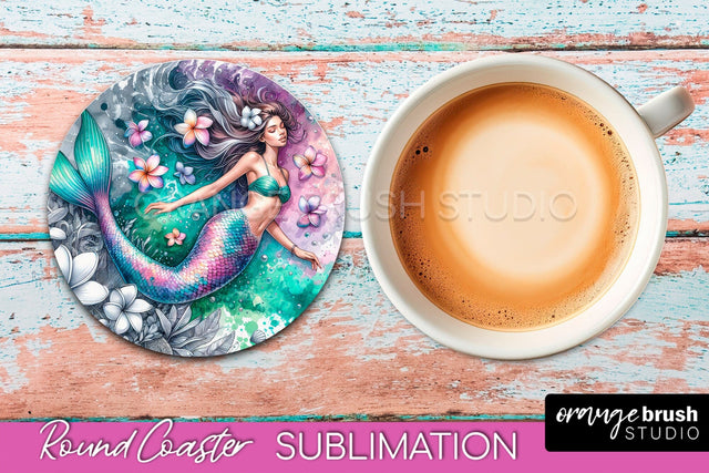 Watercolor Mermaid Coaster Sublimation, Round Car Coaster Sublimation OrangeBrushStudio 